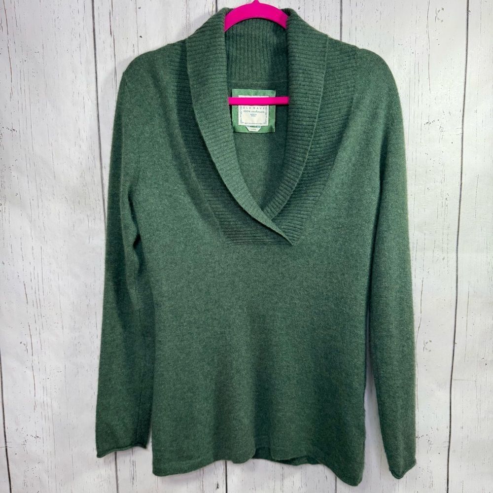 Old Navy 100% Cashmere Green Shawl Collar Sweater Womens L Cozy Minimalist Luxe